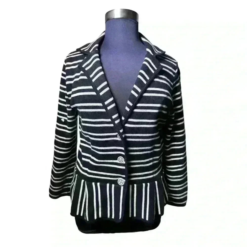 Style&Co Women's Striped Button Front Ruffle Hem Collared Blazer Jacket Size XL